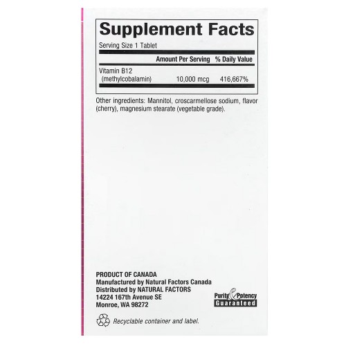 Natural Factors, B12 Метилкобаламин, Вишня, 10 000 мкг, 30 жевательных таблеток